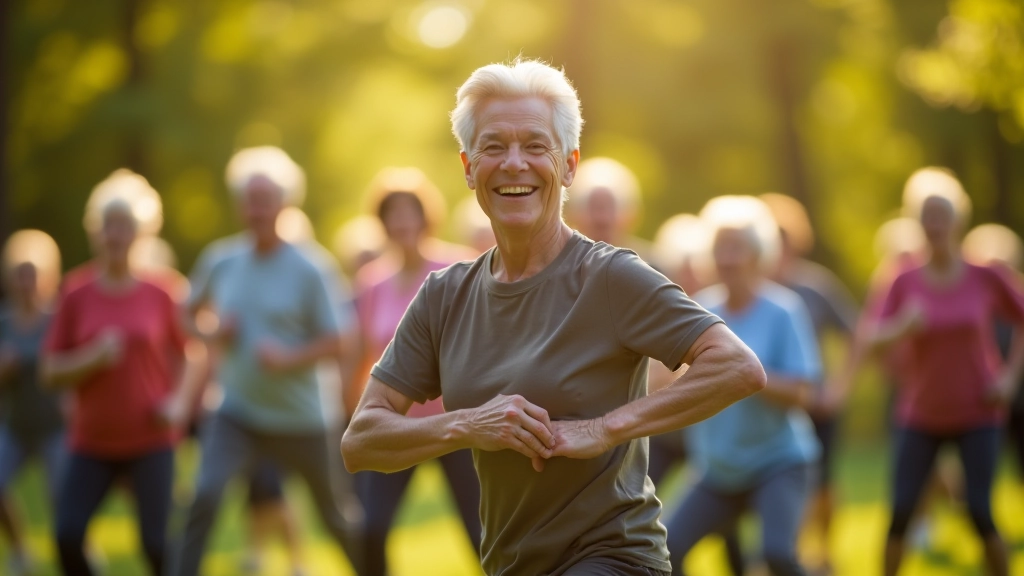 Liela senioru grupa vingro kopā parkā
