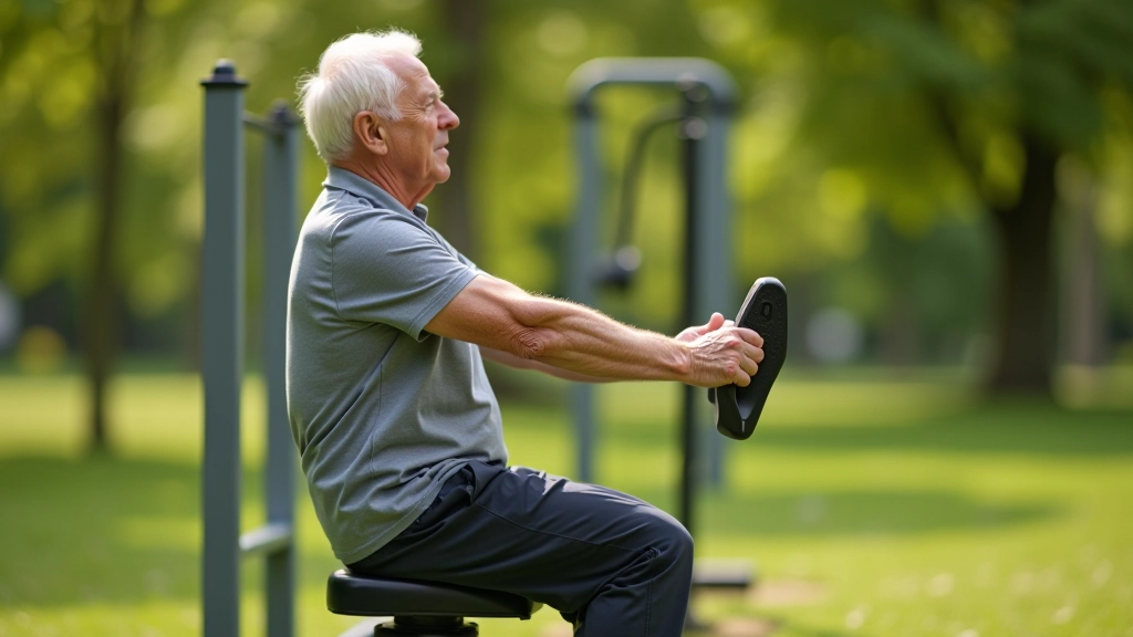 Seniors lietojot kāju spiedes staciju parkā, pareiza pozīcija