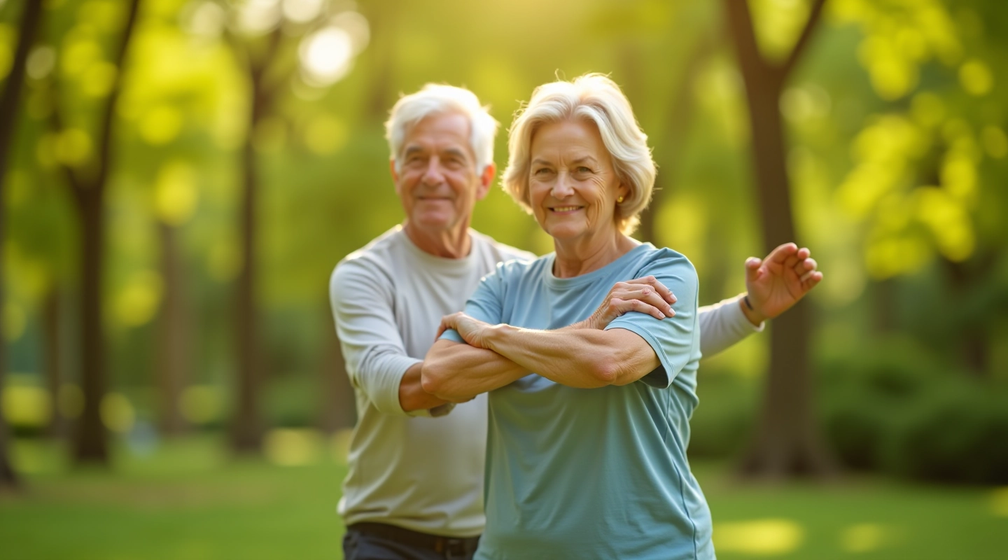 Seniori stiepjas parkā, saulainā rītā ar zaļiem kokiem fona